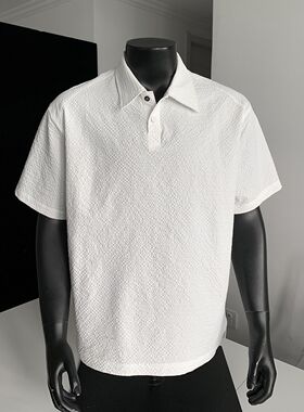 高级肌理感翻领Polo领短袖T恤男泡泡纱慵懒夏季宽松休闲上衣体恤