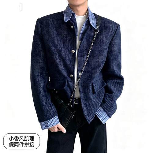 高智感时髦贵气小香风外套男高级感拼接假两件条纹衬衫领夹克