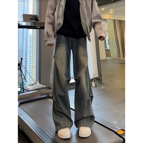 水洗复古蓝弯刀微喇牛仔裤男美式褶皱铆钉工装裤子cleanfit直筒裤