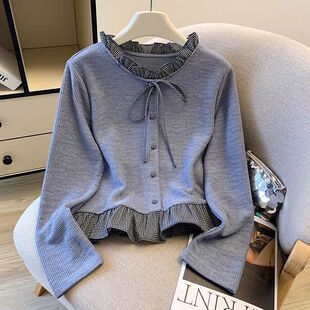 打底衫 宽松显瘦短款 上衣女 秋冬2025新款 格子荷叶边系带假两件长袖