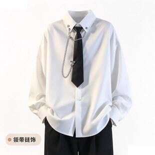 个性港风美式痞帅设计领带长袖上衣学院宽松韩版小众男女同款衬衫