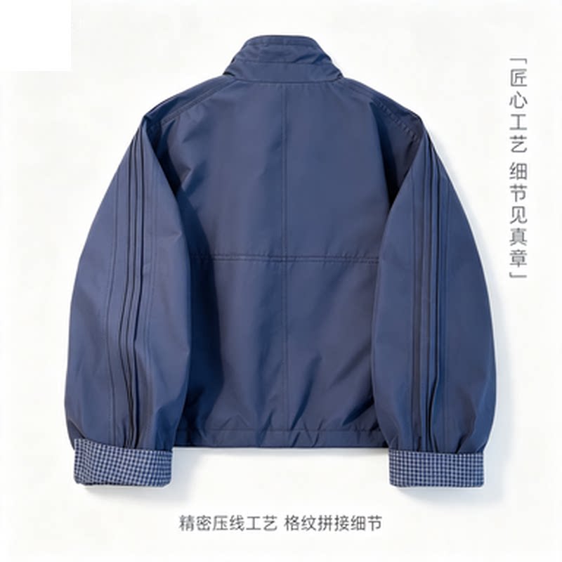 韩版立领格子拼接短款夹克外套女2026春秋宽松休闲时尚通勤风上衣