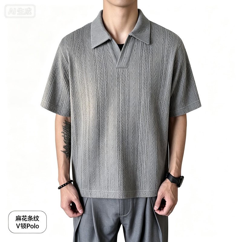 柔软麻花条纹V领Polo衫男士cleanfit夏季休闲百搭透气短袖T恤衬衫