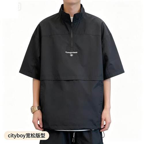 日系复古半拉链黑色工装短袖T恤男女夏季cityboy潮牌街头半袖衬衣