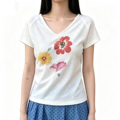 彩色花朵V领雪花棉短袖2026夏季新款宽松舒适设计休闲T恤上衣女