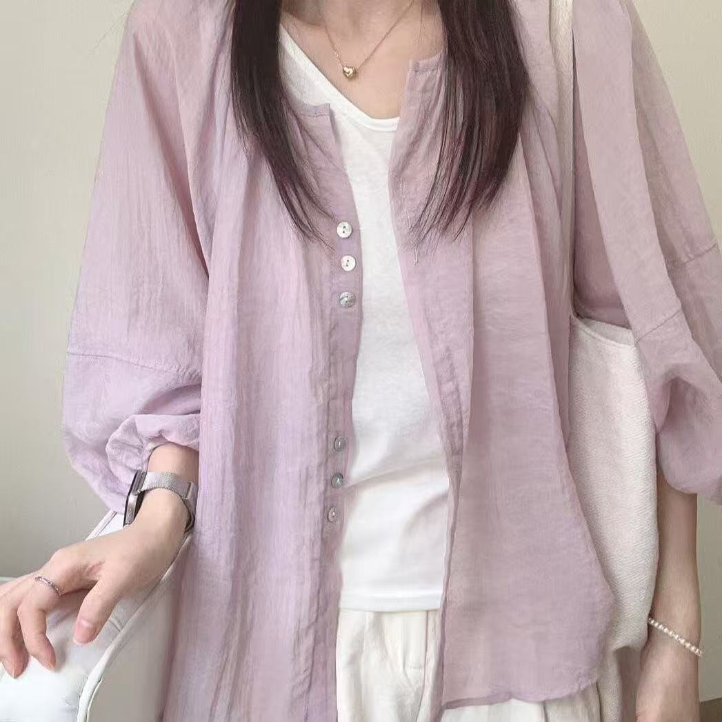 蓝色亚麻防晒衬衫外套女2