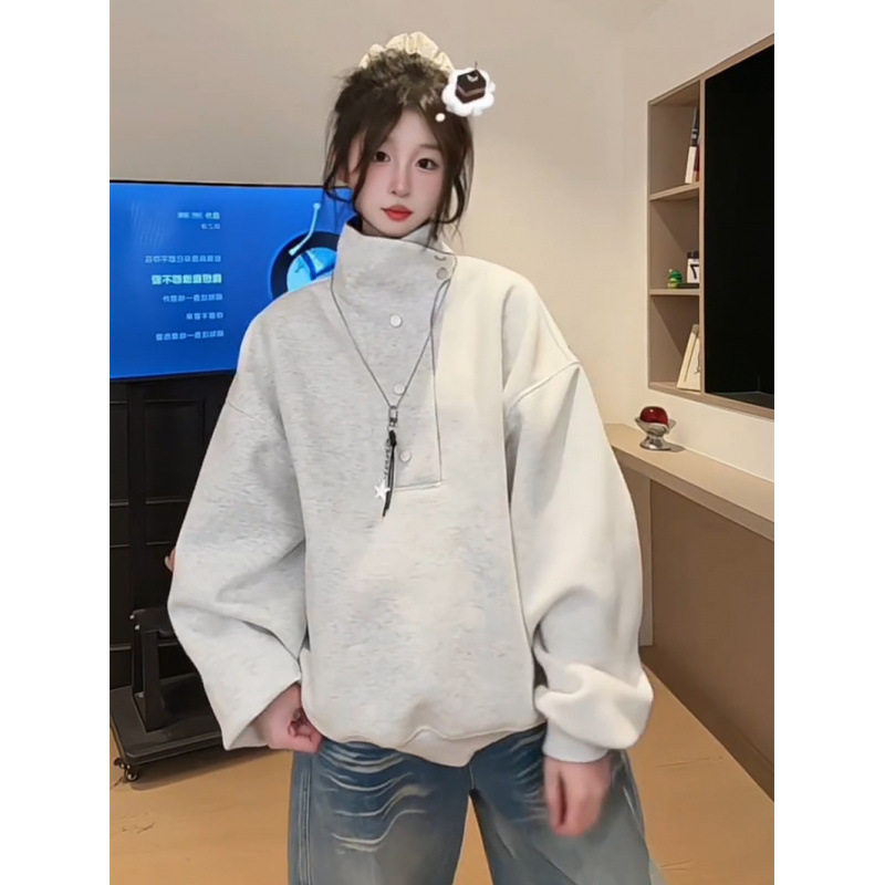 美式复古半开时尚格子卫衣女重磅秋冬潮牌长袖外套设计感独特上衣