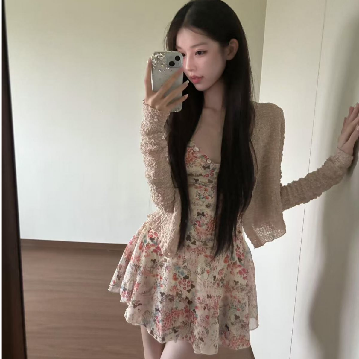 法式绝美碎花V领吊带连衣裙女