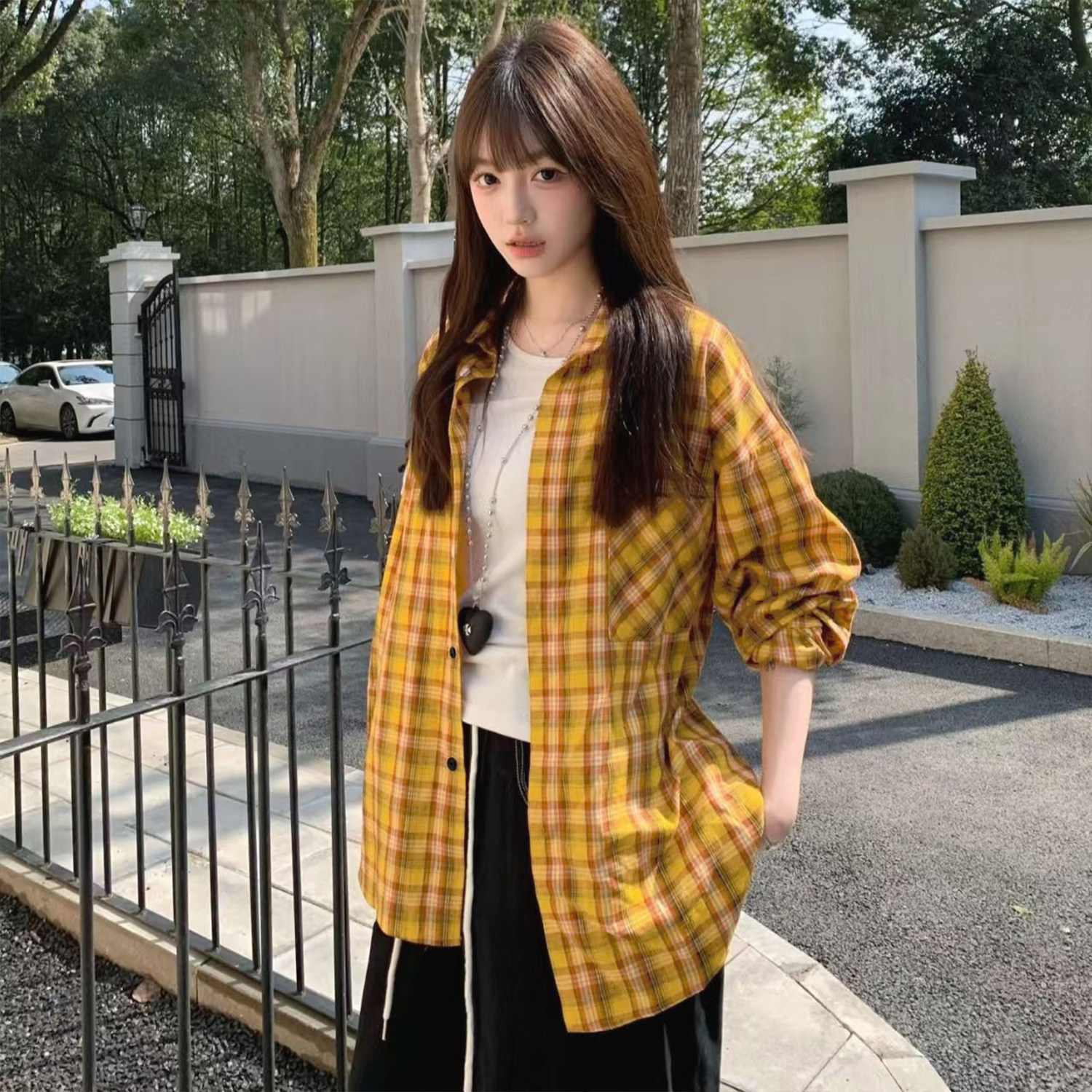 黄色格子衬衫女春独特漂