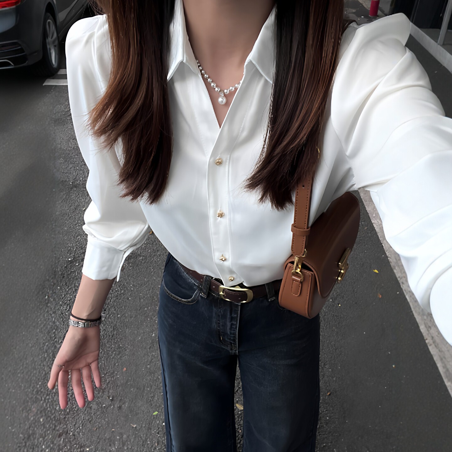 法式蓝色缎面衬衫女春秋