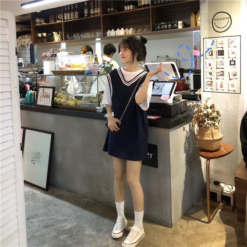 Official picture summer Korean version medium length vest skirt + solid T-shirt 2019 new student super sweet