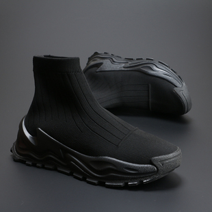 英伦潮流透气高帮厚底增高套脚袜子鞋 子 男百搭运动休闲飞织网布鞋