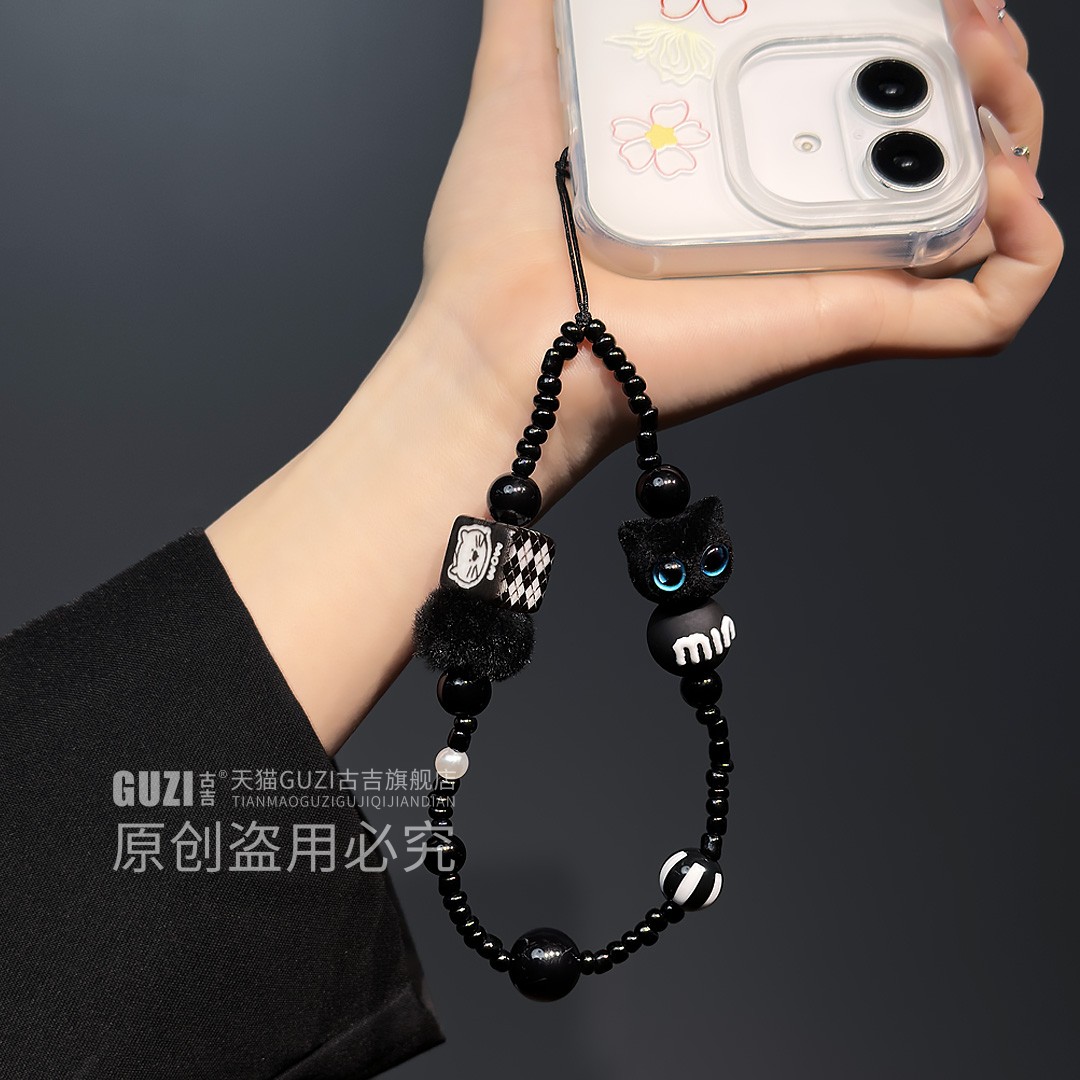 miu系新款手机链可爱猫咪挂件包包挂饰手机壳链条便携豹纹方块毛球串珠女手机挂绳猫头鹰小众ccd高级感手提链