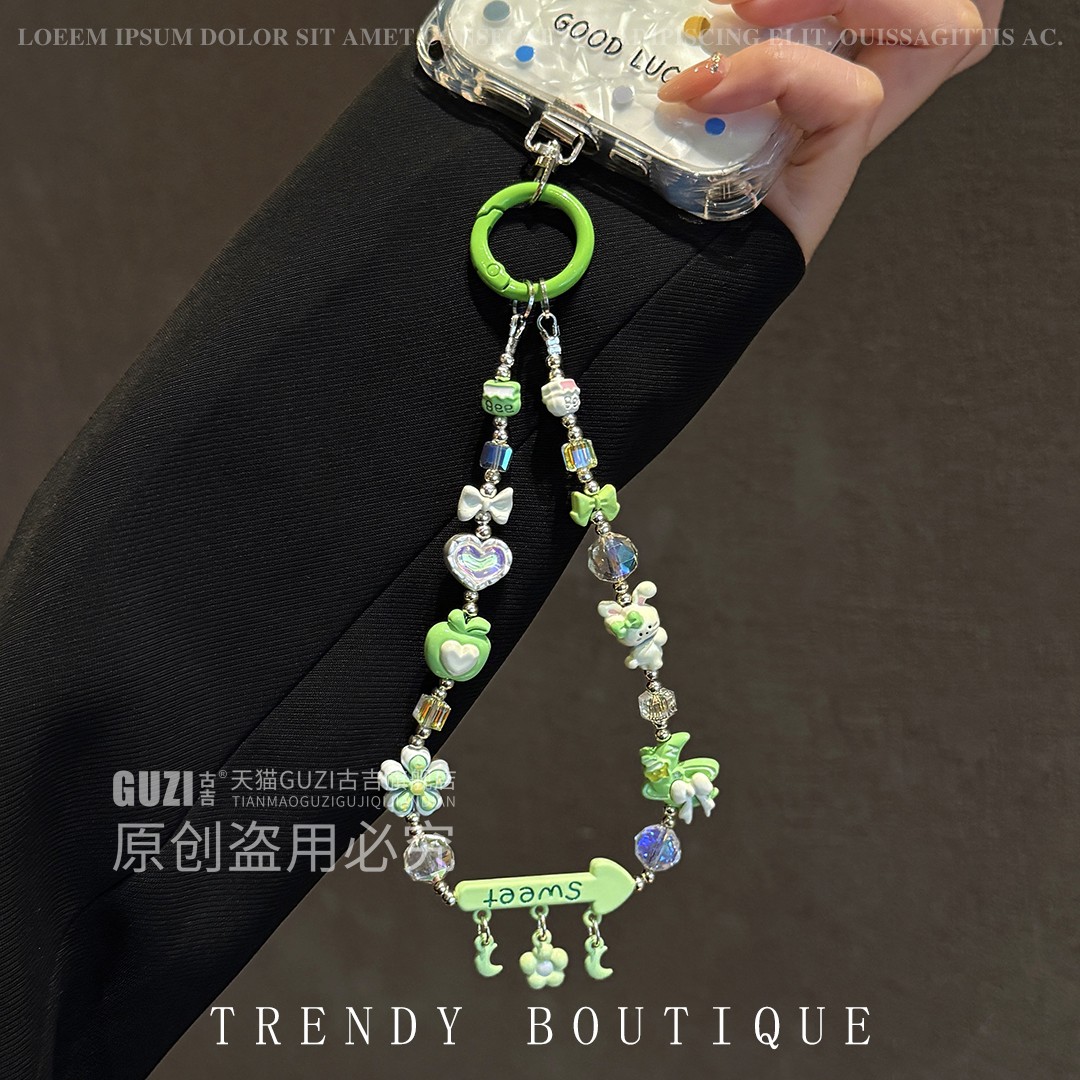 手机挂绳DIY小可爱小兔合金串珠手腕式挂饰个性爱心蝴蝶结手提链女款情侣闺蜜礼物挂配饰链ccd相机防丢手提链