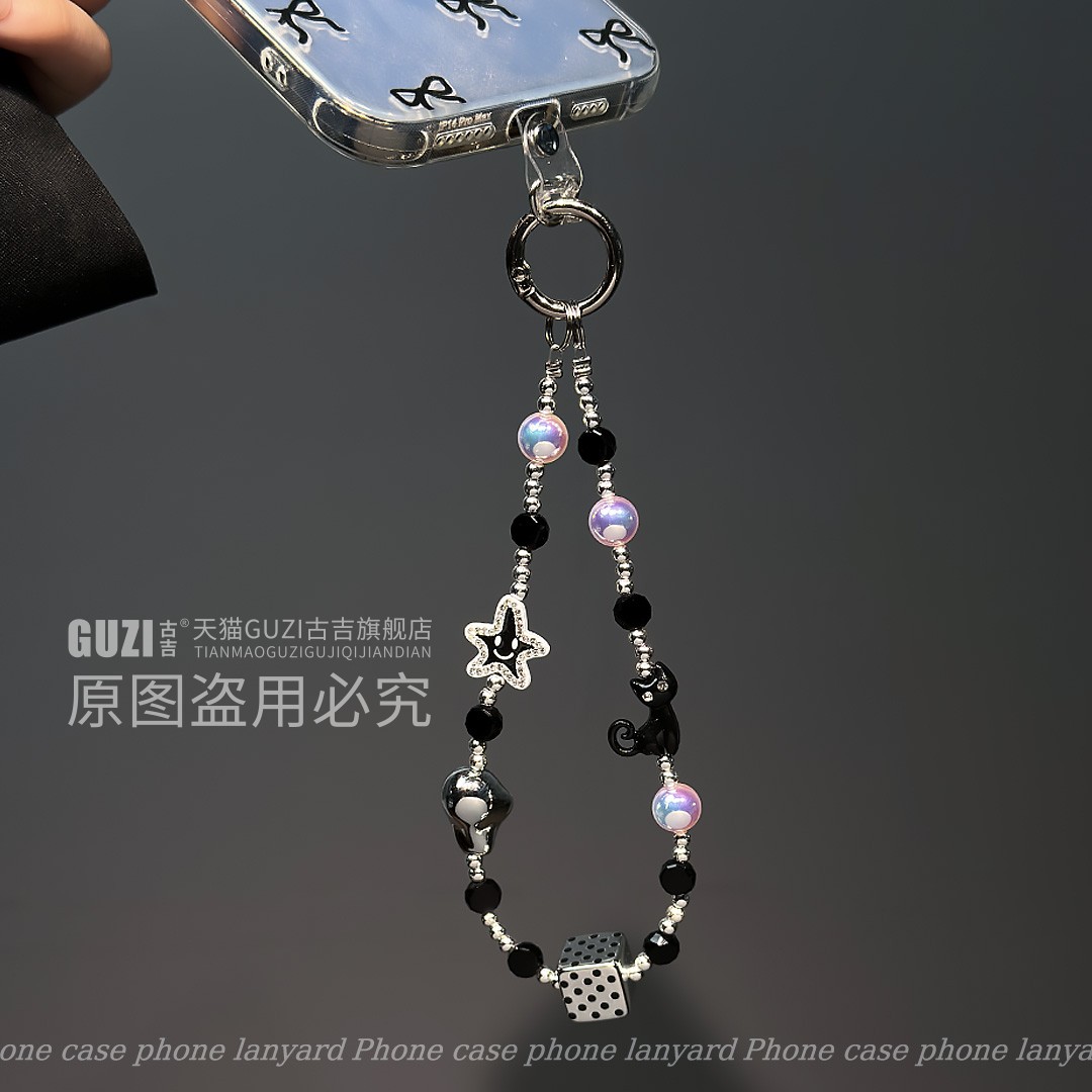 新款小黑猫手机挂件可爱笑脸星星吊坠手提链包包挂饰手机壳链条带垫片水晶方块串珠手腕短款防丢女高级手机链