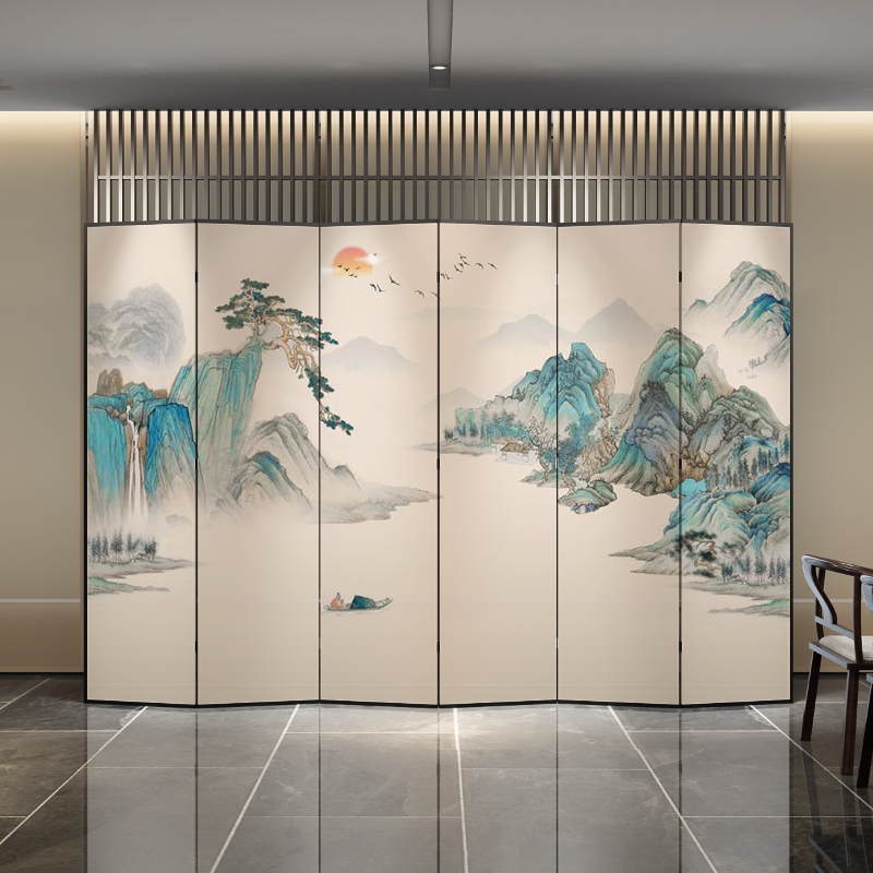 现代中式山水屏风隔断客厅餐厅茶室折叠移动办公室酒店背景墙玄关