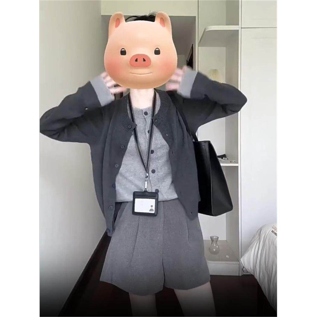 韩系撞色假两件灰色针织开衫秋季外套女慵懒穿搭外搭秋冬毛衣上衣