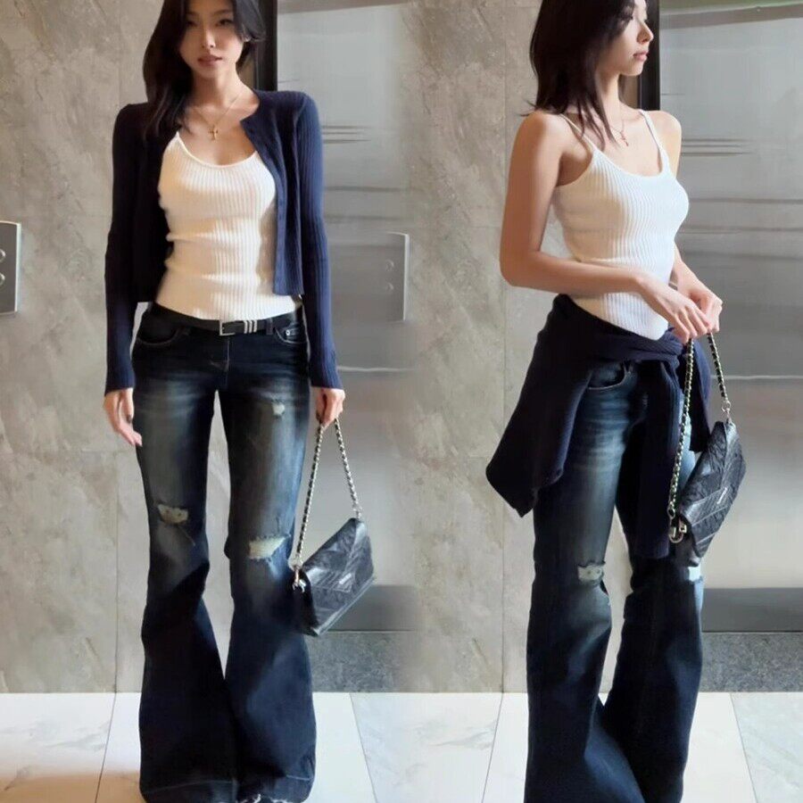 韩系藏青色钮扣开 衫针织衫女春秋短款内搭叠穿吊带背心百搭两件