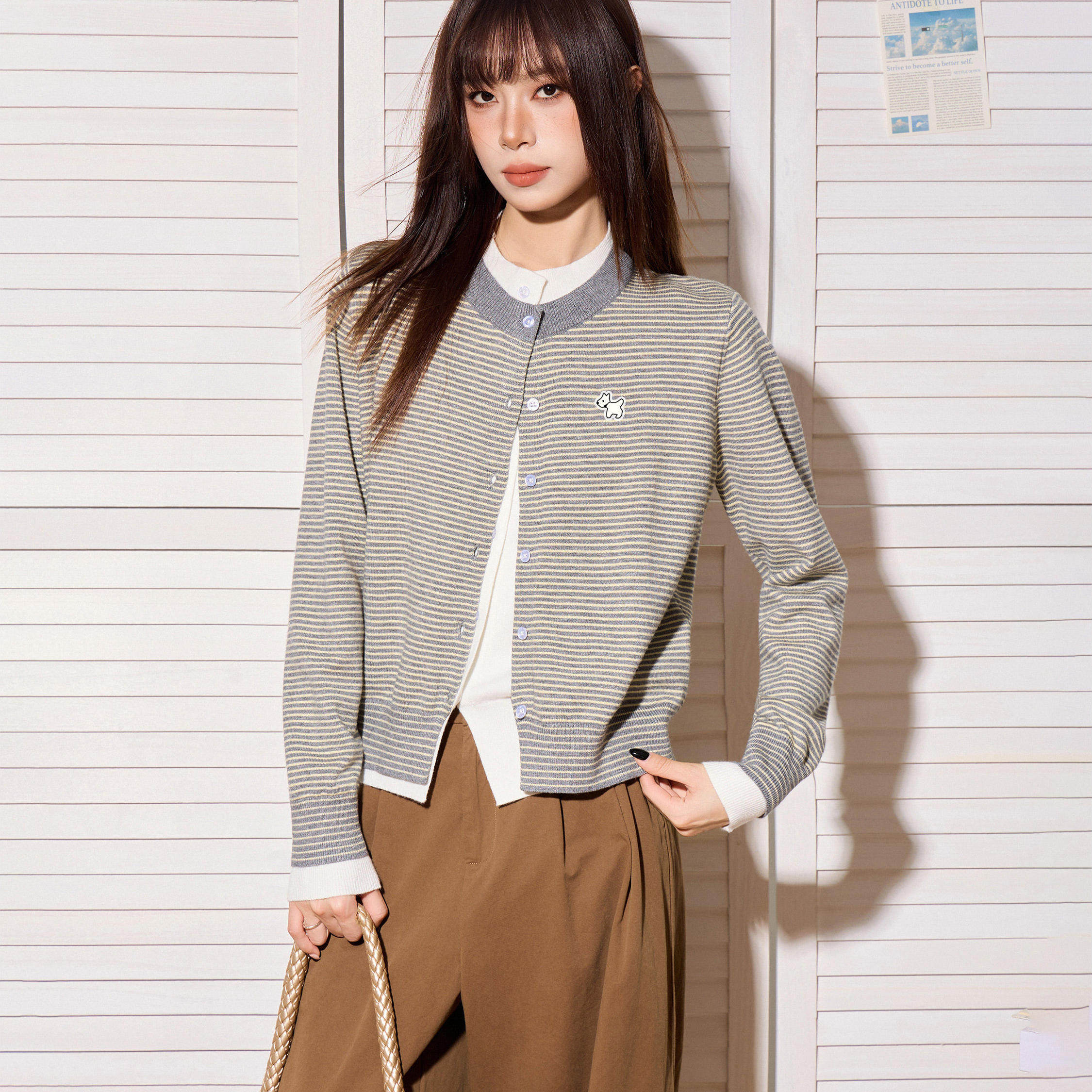 美式灰色条纹假两件长袖针织开衫毛衣女秋冬短款内搭打底外套上衣