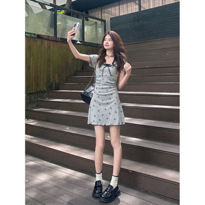 韩系学院风短袖连衣裙女夏季小个子假两件收腰裙甜美灰色波点短裙