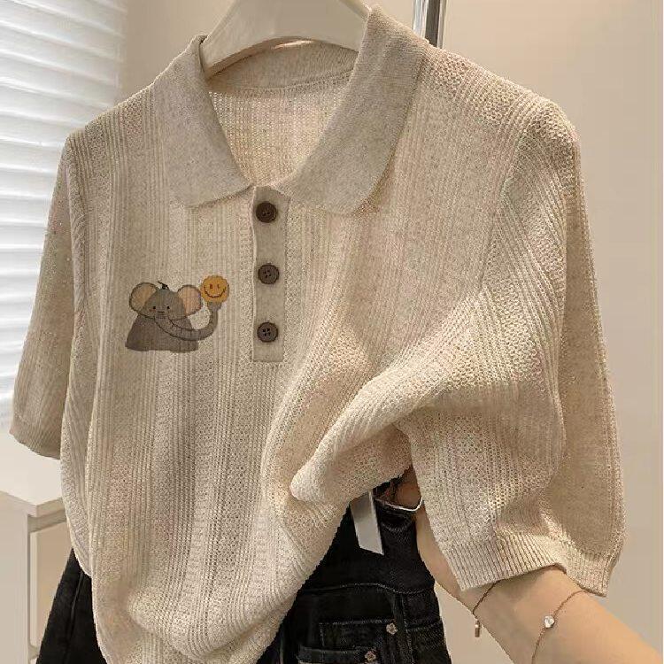 polo衫翻领针织正肩短袖t恤女2025新款薄款显瘦别致上衣夏季小衫