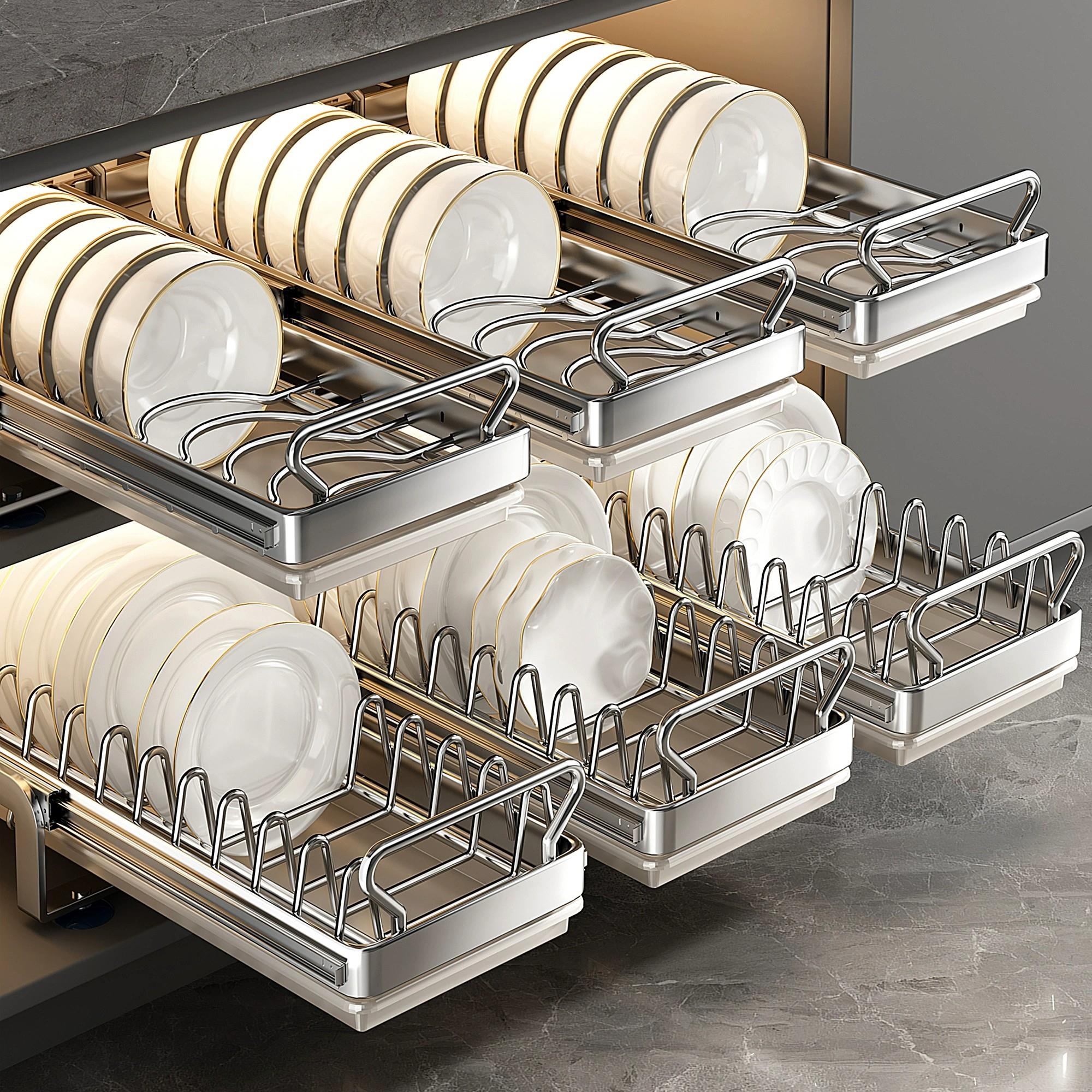 厨房抽拉碗碟收纳层架整体橱柜内碗架拉篮抽屉式碗盘盘子置物架沥