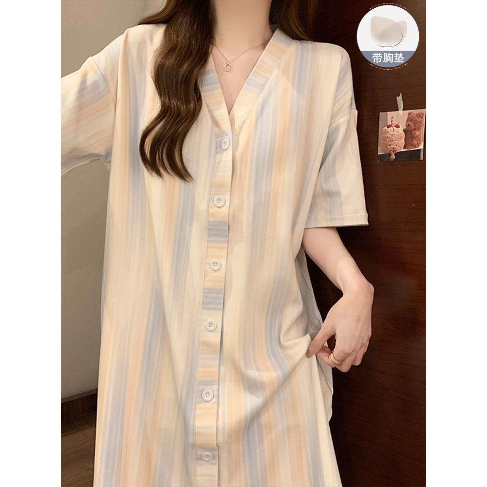 带胸垫睡裙女士夏季短袖高级感复古风睡衣2025新款大码睡袍家居服