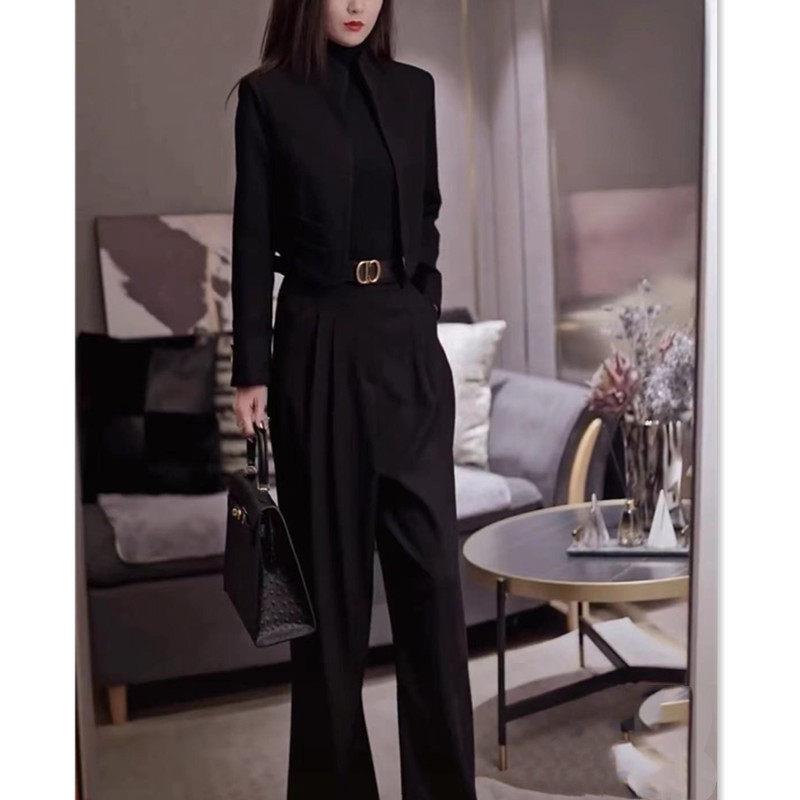 88262大爱美依缘2023春秋新款长袖短外套高腰阔腿长裤黑色女装潮