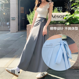 夏季防晒一片式半身裙中长款字裹裙纯色长裙女系带沙滩裙度假风