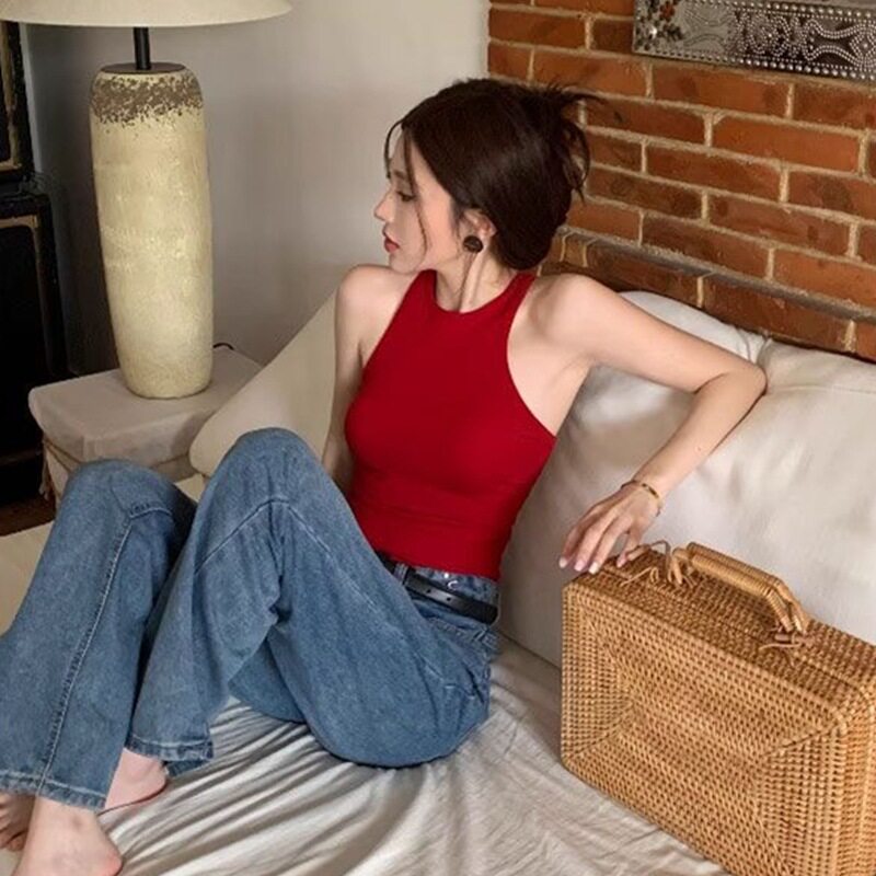卡卡纯欲辣妹夜店交叉美背小吊带背心女带胸垫夏季修身显瘦上衣女