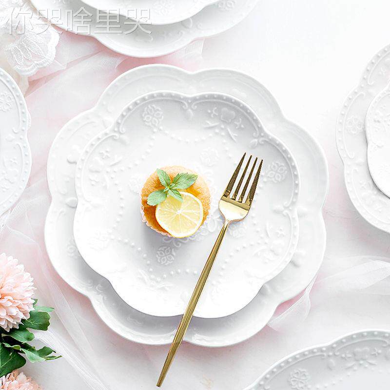 花边盘子欧式金边浮雕蕾丝花朵陶瓷蛋糕盘金边西餐盘点心盘牛排盘