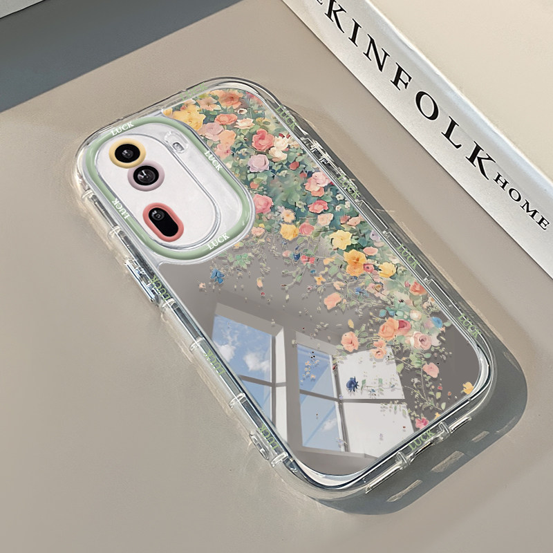 彩色蝴蝶花朵适用OPPOreno16镜面手机壳vivox300夏季小米17油画红米k90化妆奶油镜子findx9补妆s60硅胶y200女