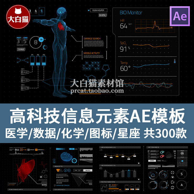 300个HUD高科技视频素材信息图表游戏化学UI动画全息投影AE模板