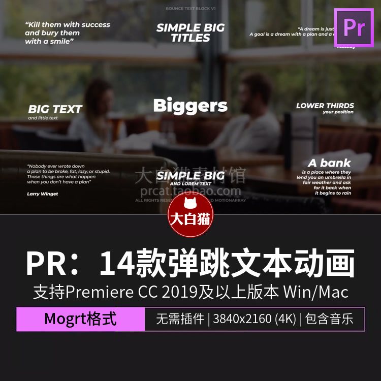 PR标题模板14款弹跳文本动画文字特效解说字幕侧边栏Premiere模板