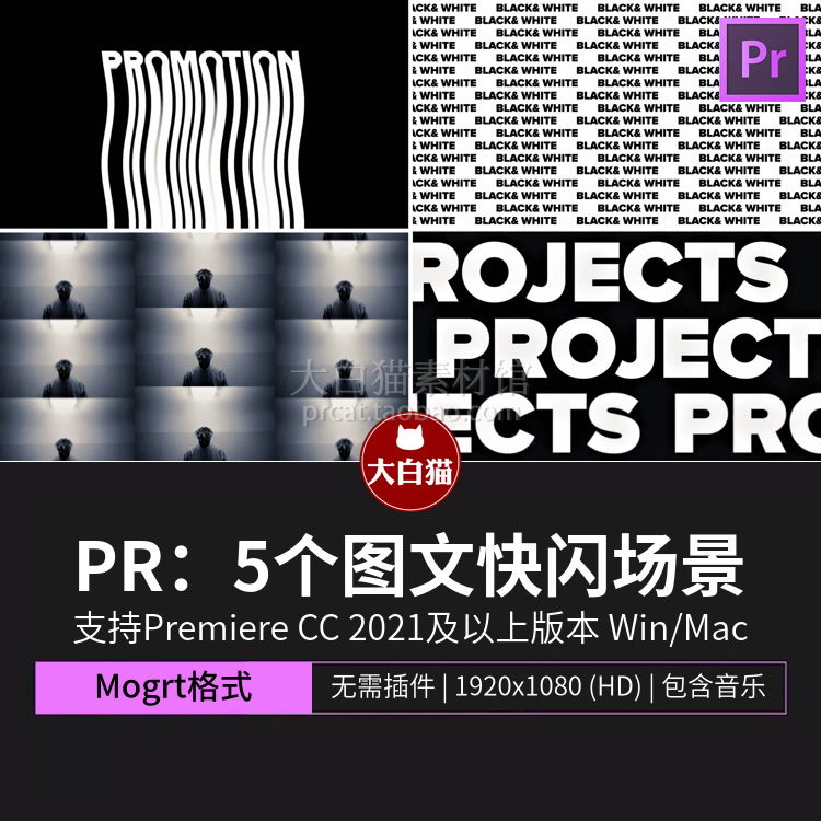 Premiere模板素材 5个图文快闪场景活动文字快剪歌词动画Pr模板