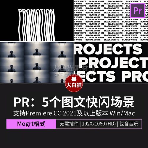 Premiere模板素材 5个图文快闪场景活动文字快剪歌词动画Pr模板