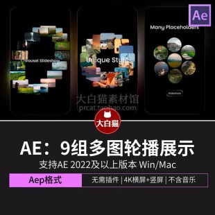 ae模板 9组横屏竖版多图轮播图片排版平滑漂浮展示动画AE模板