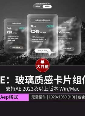 网站设计ae模版 描边扫光半透明毛玻璃质感付款卡片组件AE模板