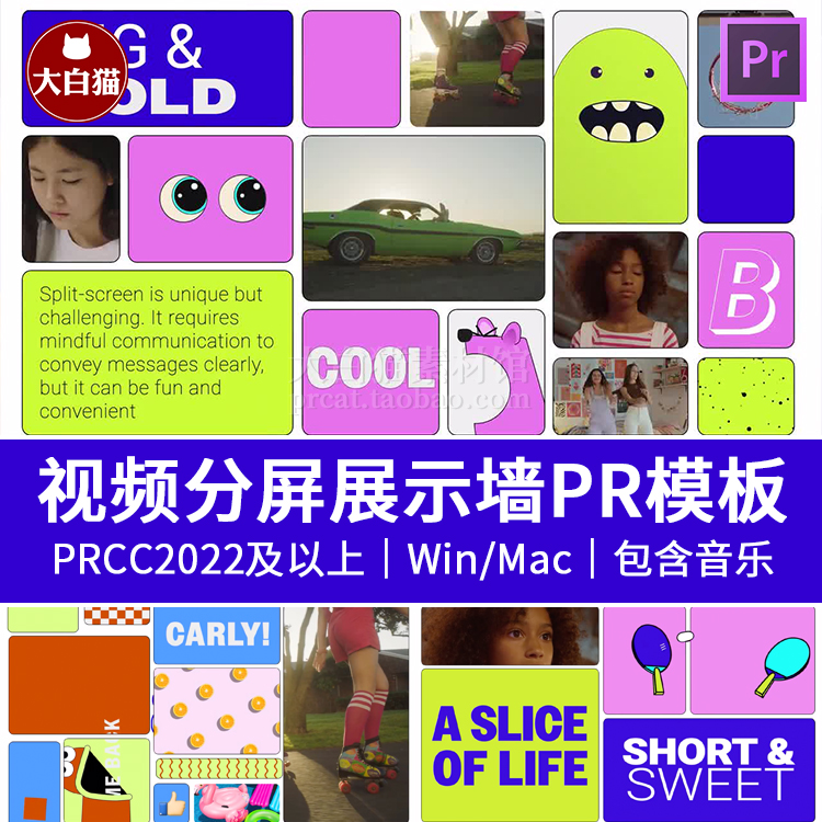 PR卡通模板 自媒体创意分屏展示作品集照片墙premiere视频模板