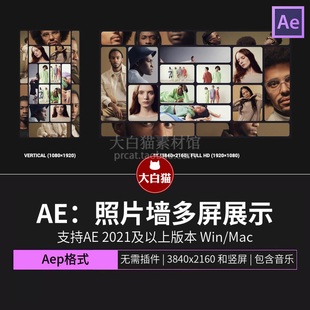 ae模板 10秒横屏竖版照片墙多屏幕缩放切换展示片头动画Ae模版