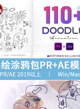 PR脚本预设 110个可爱卡通手绘涂鸦气泡图案动态贴图形动画AE模板