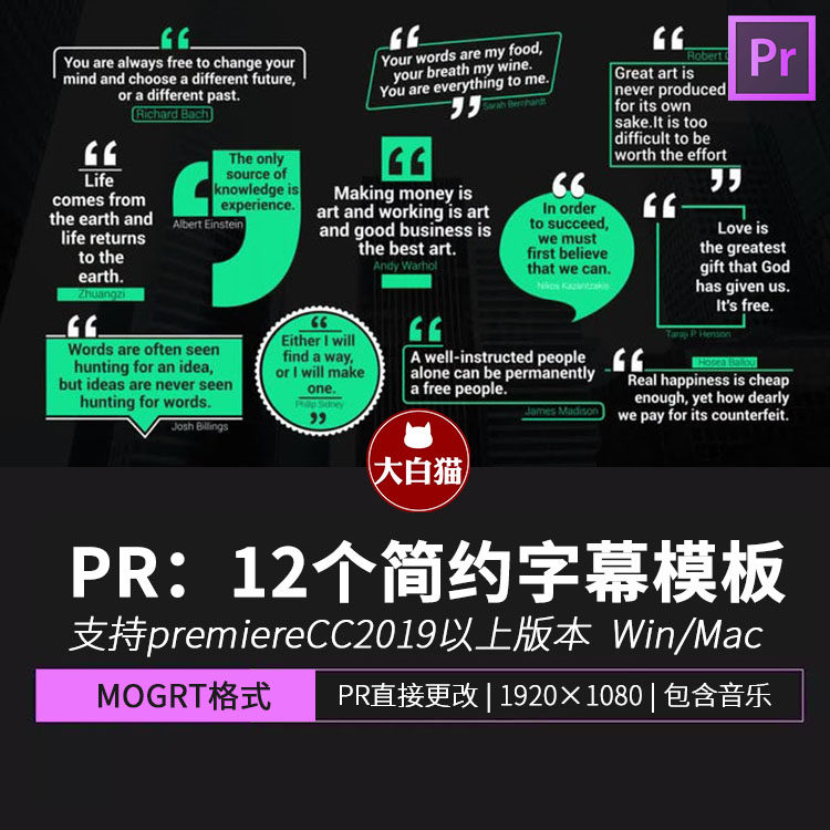 pr简约标题模板12个文字幕排版自我介绍名人名言展示文本段落动画