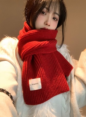 新年红色复古格子圣诞围巾女冬季韩系氛围感绿色加厚保暖情侣围脖