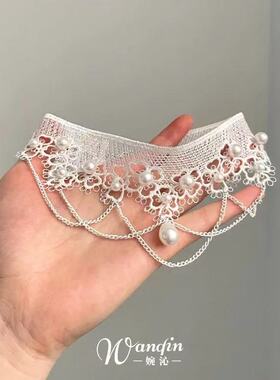 法式复古蕾丝珍珠项链女锁骨链白色链条配饰