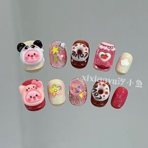 loppy小海狸可爱露比韩国网红粉红玩偶鲷鱼烧手工穿戴甲短款美甲