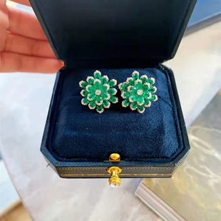 珠宝高级定制18K金祖母绿花苞绝美钻石耳环