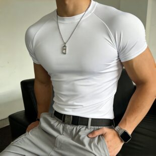 口健身紧身衣圆领T恤速干跑步训练弹力 运动收袖 美式 运动训练短袖