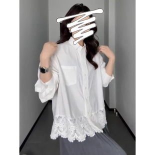 设计感小众宽松气质叠穿长袖 蕾丝拼接白色衬衣女春秋2025新款 上衣