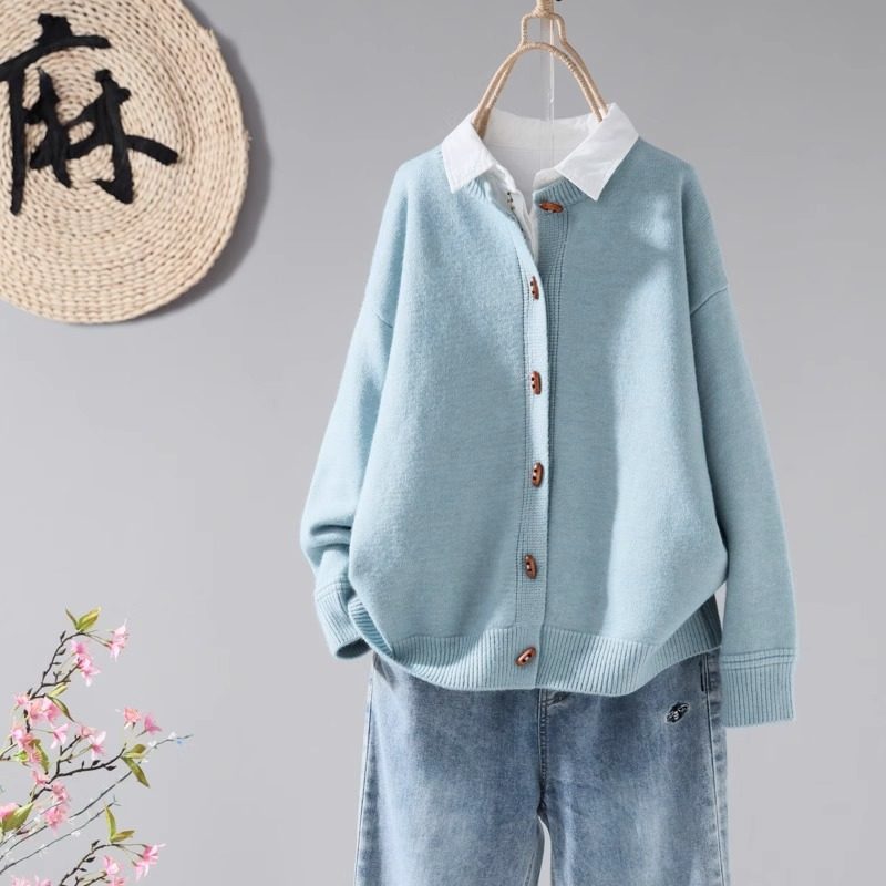 浅蓝色棉线 线针织开 衫女春秋2025新款宽松气质圆领单排扣毛衣短