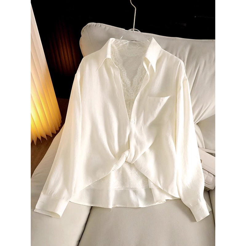 白色蕾丝衬衫女春秋2025新款显瘦宽松气质V领上衣法式优雅两件套